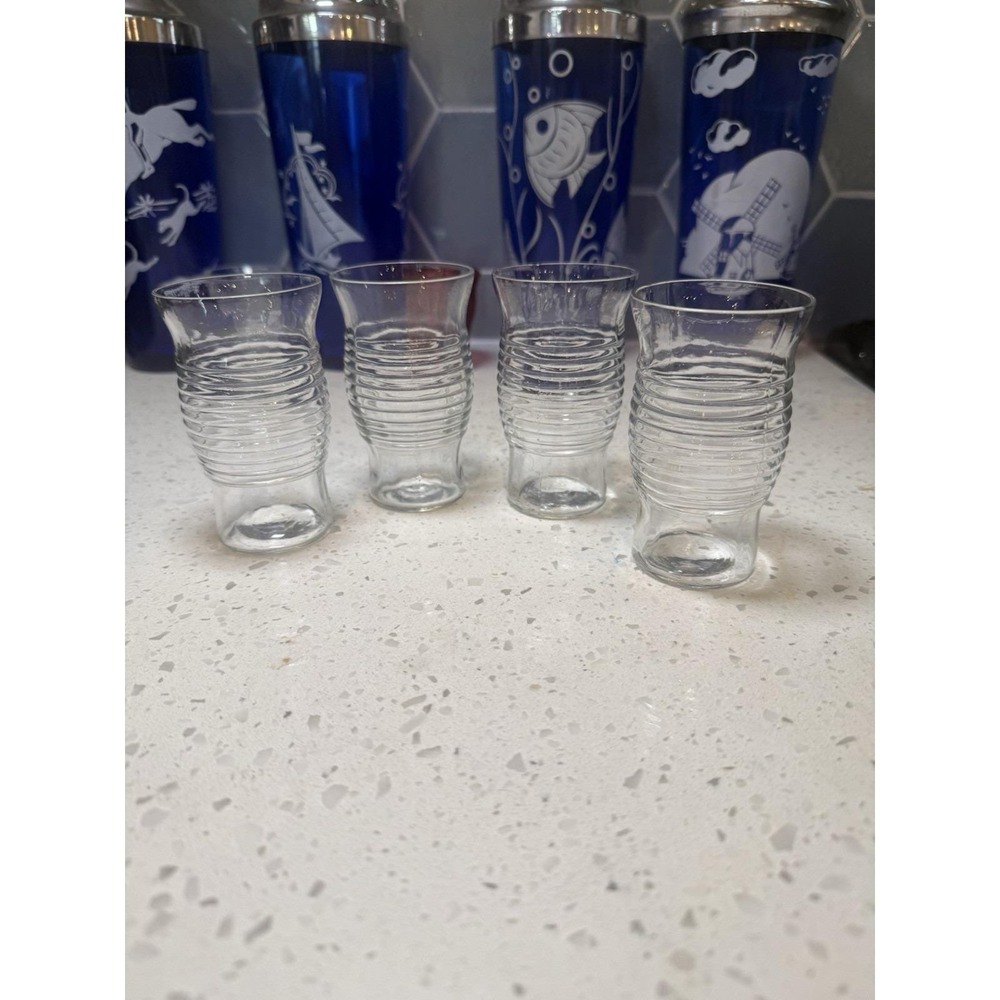 SET OF 4 Anchor Hocking Circle Ring Crystal Clear 3 3/4" Tumbler Mid Century